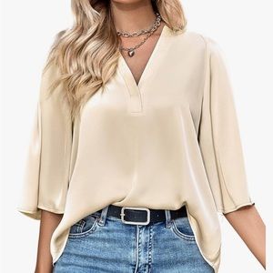 BebreezChic V Neck Blouse 3/4 Sleeve Bell Sleeve Solid Loose - Small